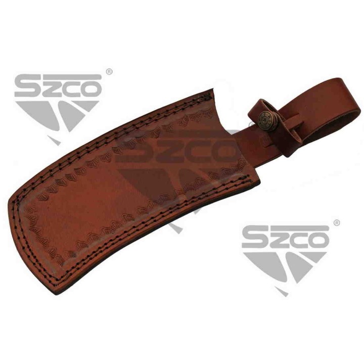 Couteau Couperet Damas Lame 256 Couches Manche Bois Etui Cuir DM1276 - Livraison Gratuite