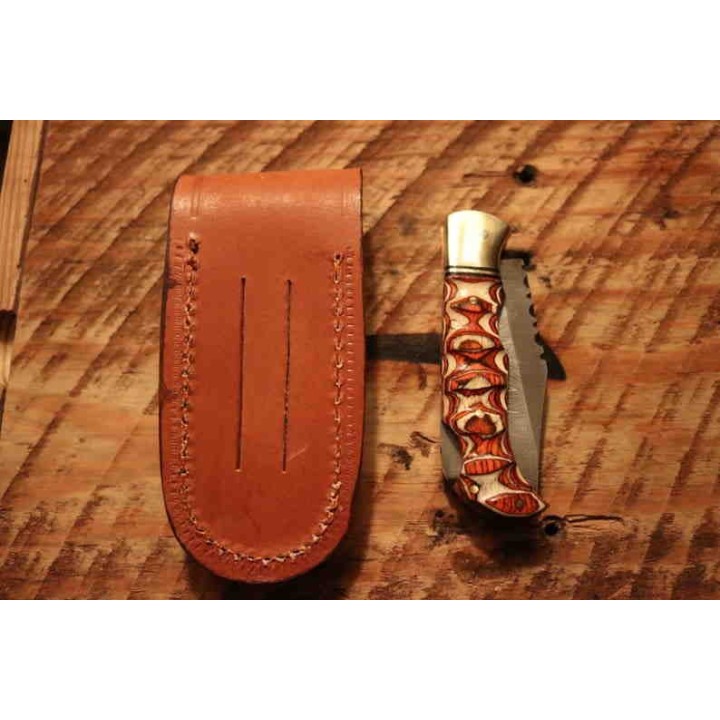 Couteau Damas Twisted Wood Lame 128 Couches Manche Bois Lockback Etui Cuir DM1285 - Livraison Gratuite