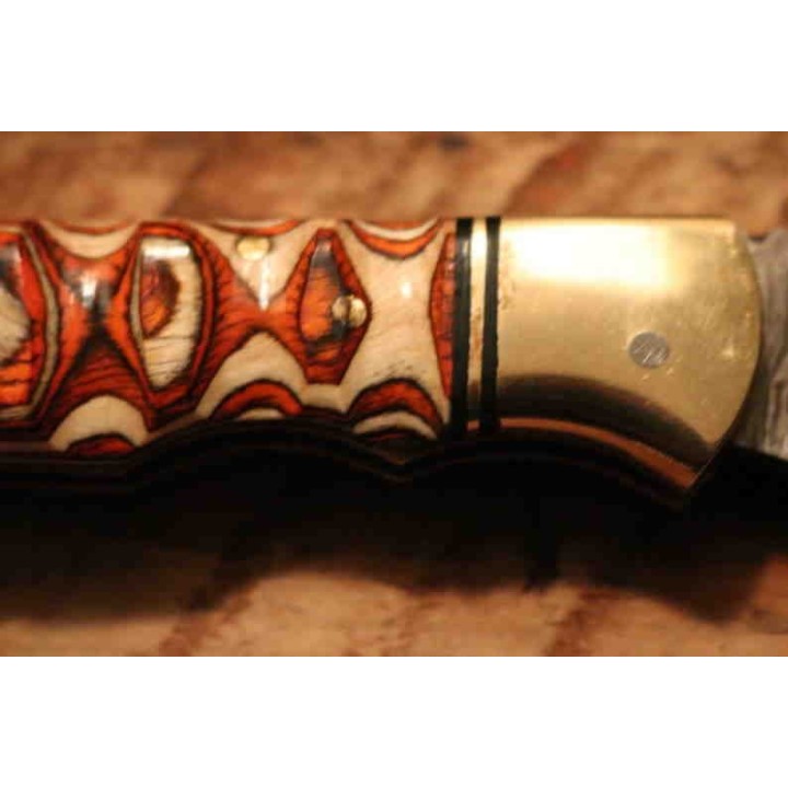 Couteau Damas Twisted Wood Lame 128 Couches Manche Bois Lockback Etui Cuir DM1285 - Livraison Gratuite