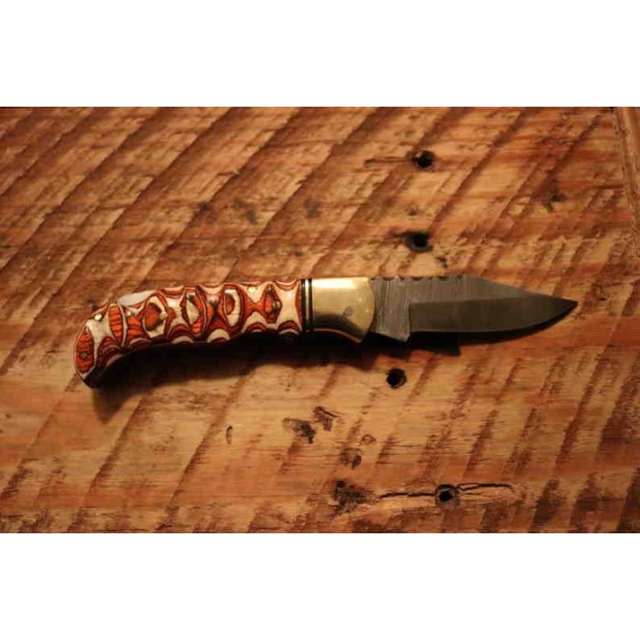 Couteau Damas Twisted Wood Lame 128 Couches Manche Bois Lockback Etui Cuir DM1285 - Livraison Gratuite