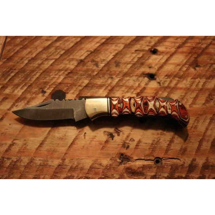 Couteau Damas Twisted Wood Lame 128 Couches Manche Bois Lockback Etui Cuir DM1285 - Livraison Gratuite