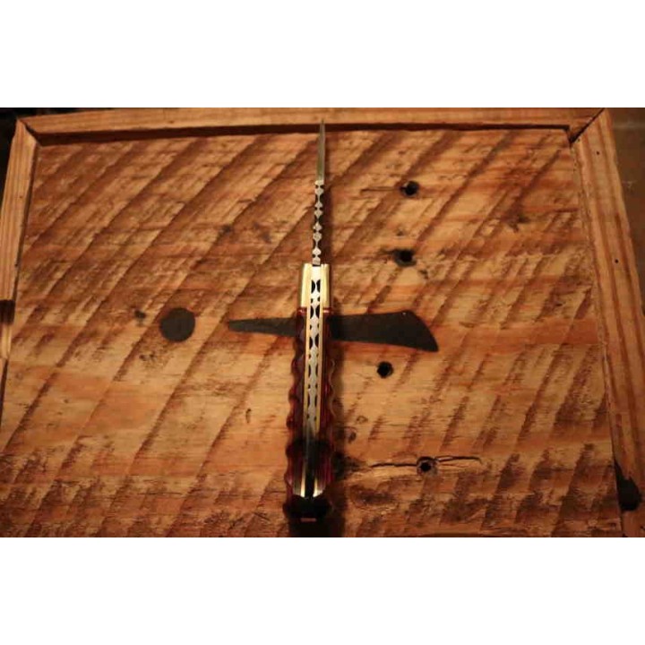 Couteau Damas Twisted Wood Lame 128 Couches Manche Bois Lockback Etui Cuir DM1284 - Livraison Gratuite