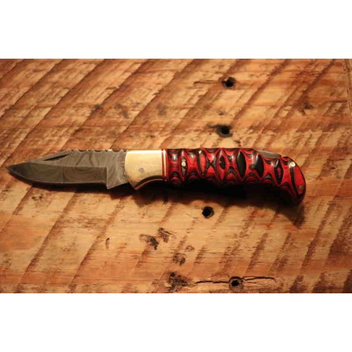 Couteau Damas Twisted Wood Lame 128 Couches Manche Bois Lockback Etui Cuir DM1284 - Livraison Gratuite