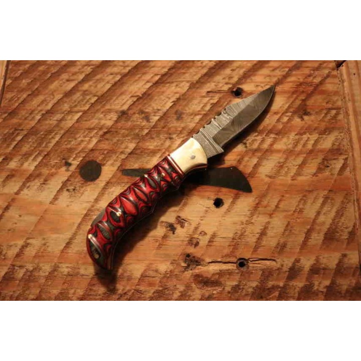 Couteau Damas Twisted Wood Lame 128 Couches Manche Bois Lockback Etui Cuir DM1284 - Livraison Gratuite