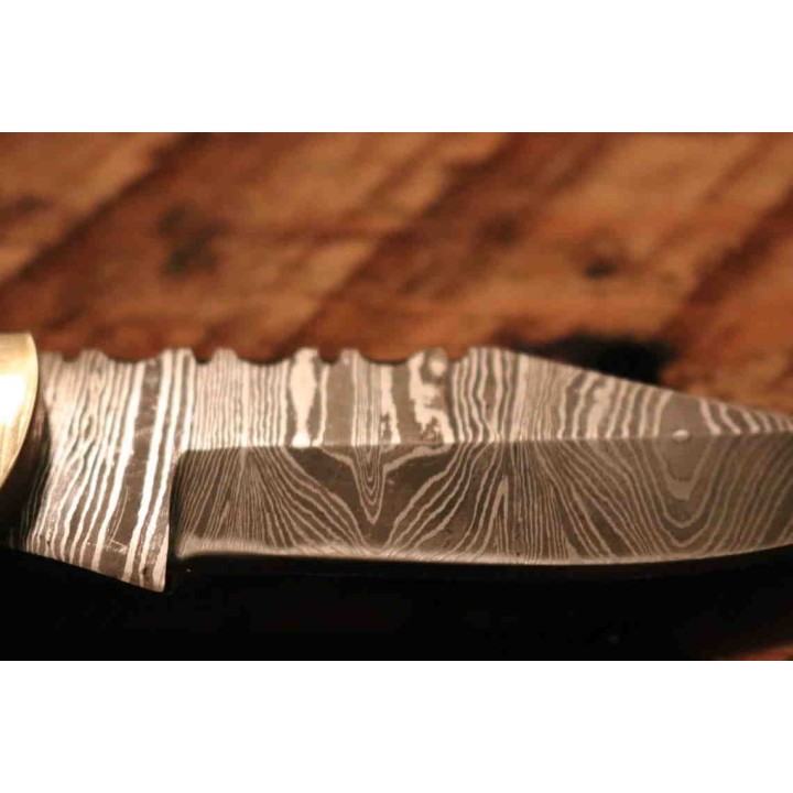Couteau Damas Twisted Wood Lame 128 Couches Manche Bois Lockback Etui Cuir DM1284 - Livraison Gratuite