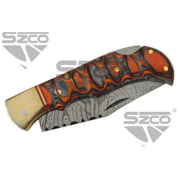 Couteau Damas Twisted Wood Lame 128 Couches Manche Bois Lockback Etui Cuir DM1286 - Livraison Gratuite