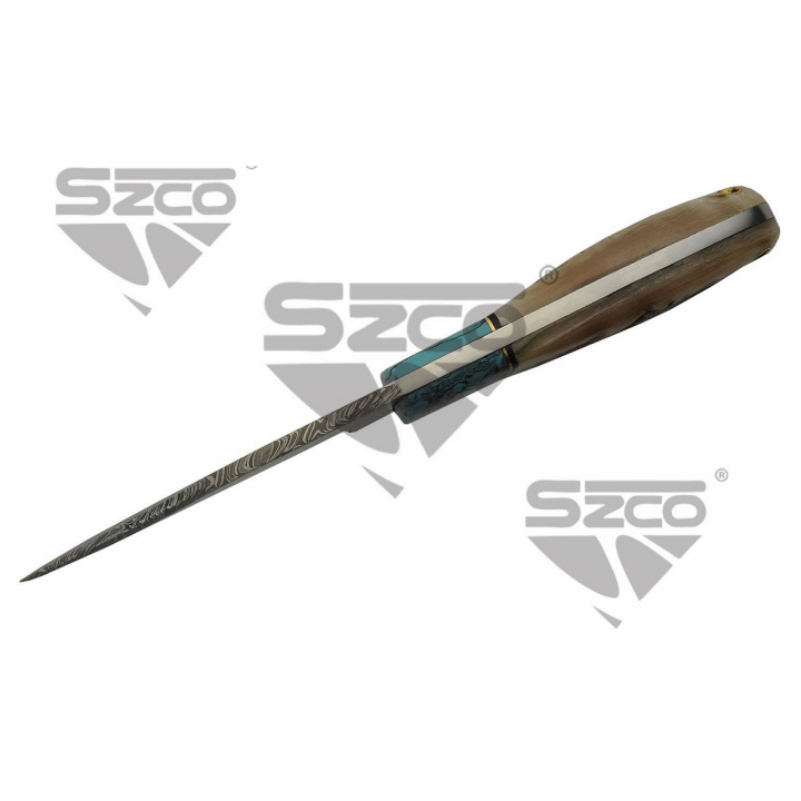 Couteau Damas Big Game Skinner Ram Horn Lame Acier 256 Couches Manche Bélier Etui Cuir DM1273 - Livraison Gratuite