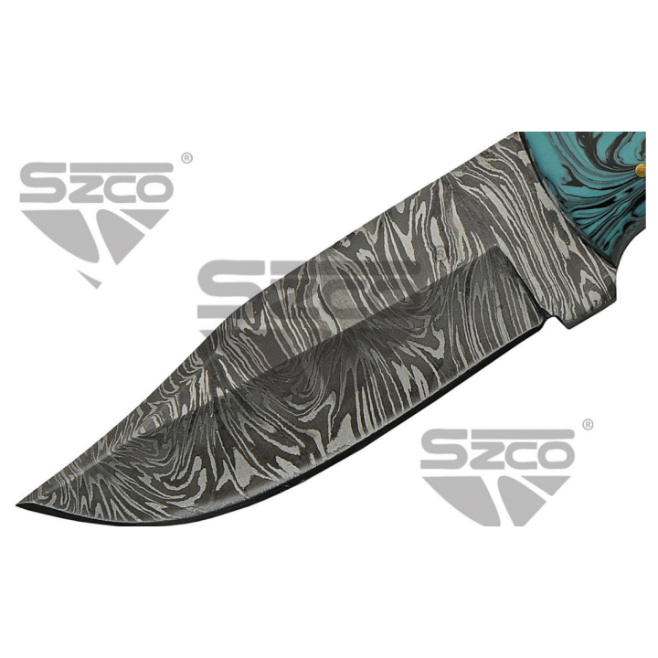 Couteau Damas Big Game Skinner Ram Horn Lame Acier 256 Couches Manche Bélier Etui Cuir DM1273 - Livraison Gratuite