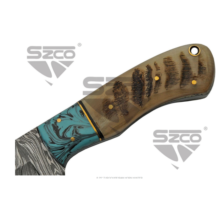 Couteau Damas Big Game Skinner Ram Horn Lame Acier 256 Couches Manche Bélier Etui Cuir DM1273 - Livraison Gratuite
