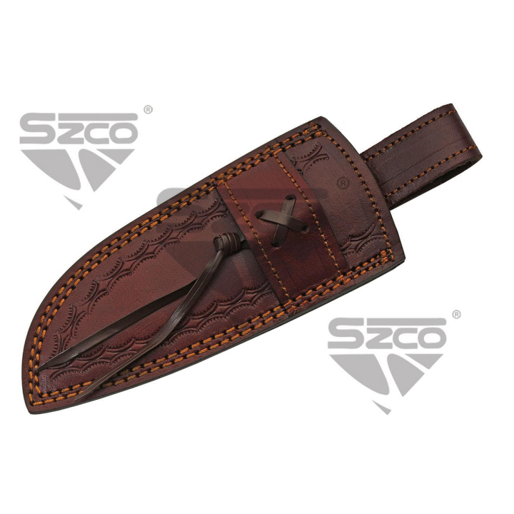 Couteau Damas Big Game Skinner Ram Horn Lame Acier 256 Couches Manche Bélier Etui Cuir DM1273 - Livraison Gratuite