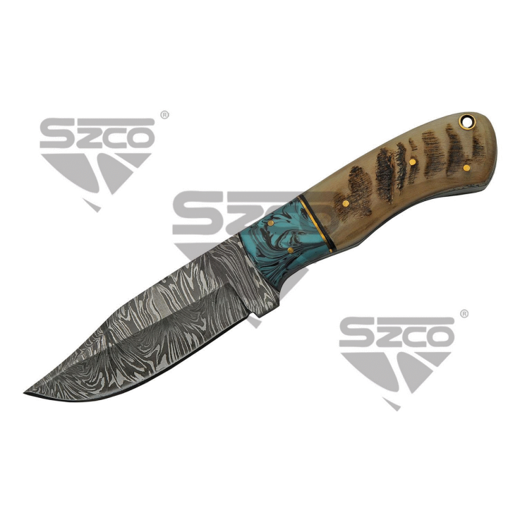Couteau Damas Big Game Skinner Ram Horn Lame Acier 256 Couches Manche Bélier Etui Cuir DM1273 - Livraison Gratuite