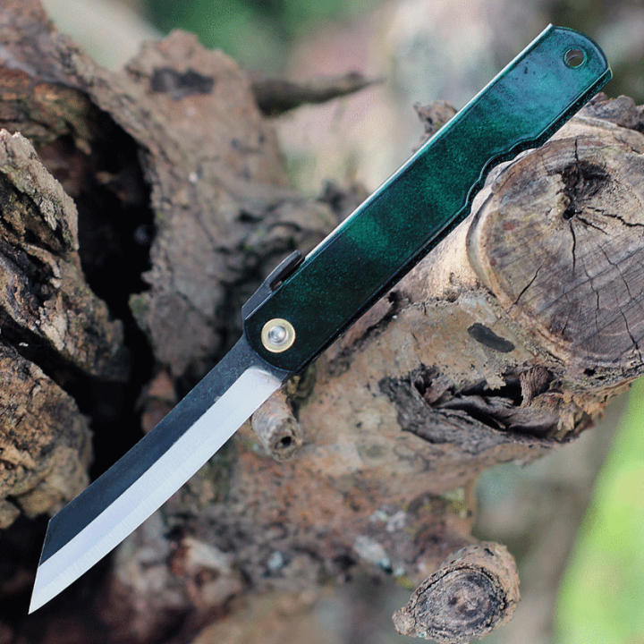 Couteau Higonokami Blue Paper Steel Jade Manche Métal Made Japan HIGOCJB - Livraison Gratuite