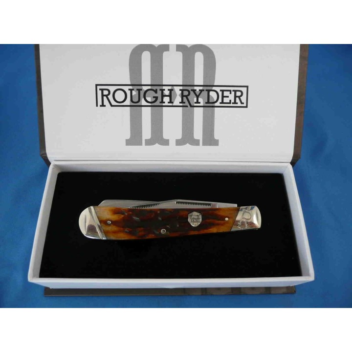 Couteau Rough Ryder Trapper Brown Stag Bone 2 Lames Acier 440 Manche Os Boite Collector RR1789 - Livraison Gratuite