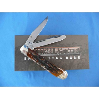 Couteau Rough Ryder Trapper Brown Stag Bone 2 Lames Acier 440 Manche Os Boite Collector RR1789 - Livraison Gratuite
