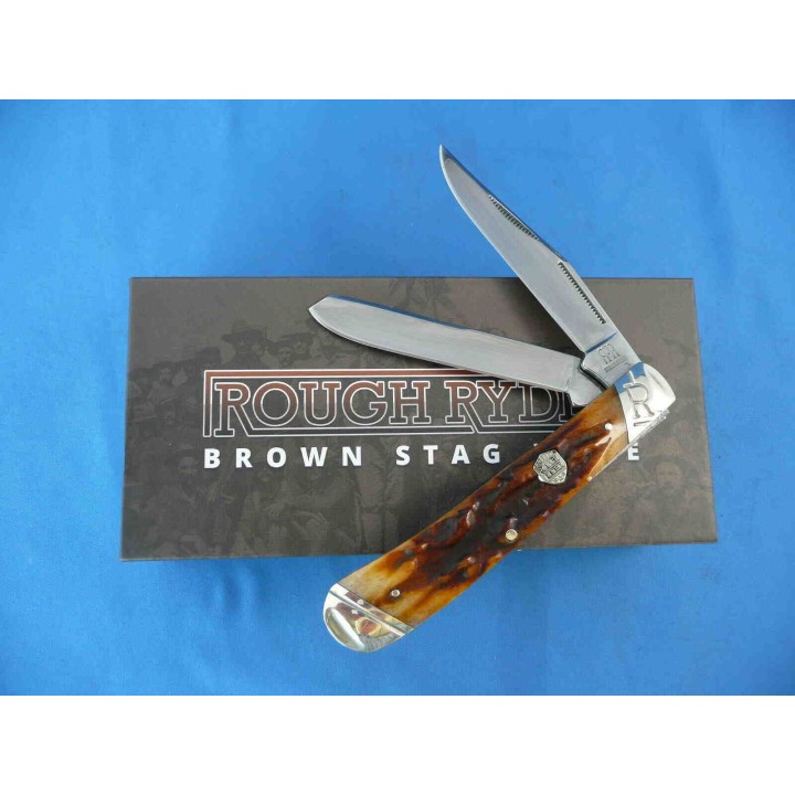 Couteau Rough Ryder Trapper Brown Stag Bone 2 Lames Acier 440 Manche Os Boite Collector RR1789 - Livraison Gratuite
