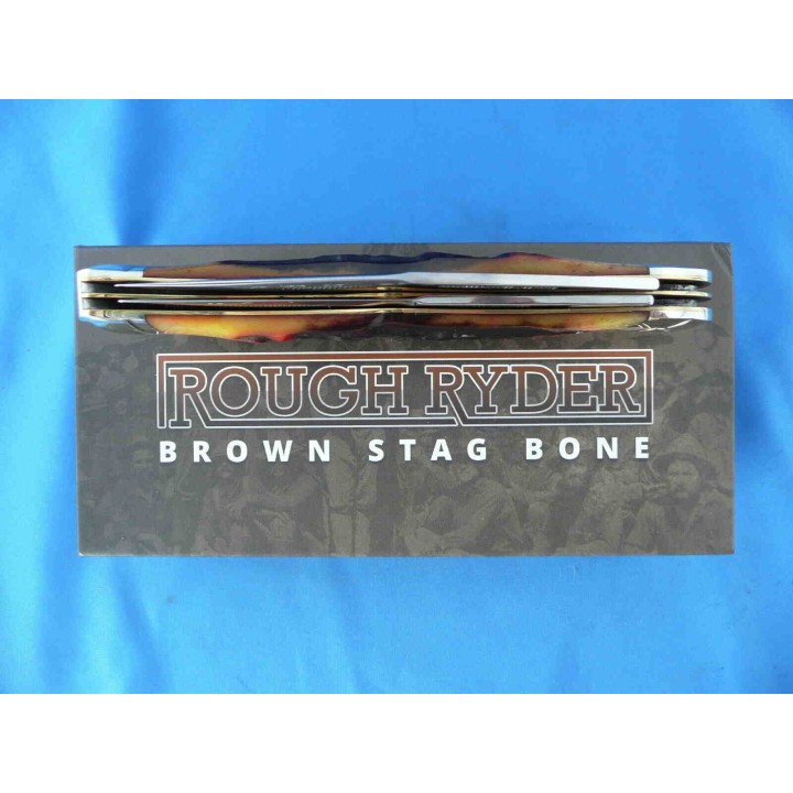 Couteau Rough Ryder Folding Hunter Brown Stag Bone 2 Lames Acier 440 Manche Os Boite Collector RR1804 - Livraison Gratuite