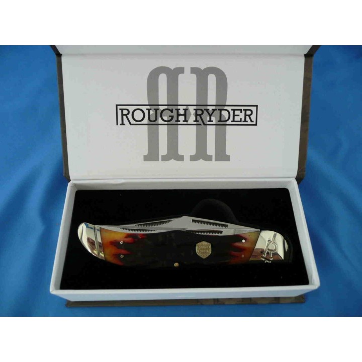 Couteau Rough Ryder Folding Hunter Brown Stag Bone 2 Lames Acier 440 Manche Os Boite Collector RR1804 - Livraison Gratuite