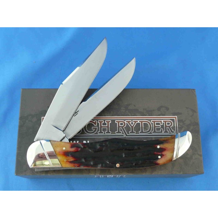 Couteau Rough Ryder Folding Hunter Brown Stag Bone 2 Lames Acier 440 Manche Os Boite Collector RR1804 - Livraison Gratuite