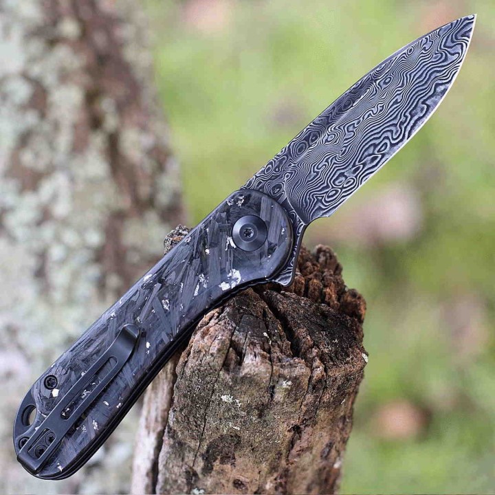 Couteau Civivi Elementum Damas Manche Argent/Fibre de Carbone IKBS Linerlock Clip CIVC907CDS2 - Livraison Gratuite