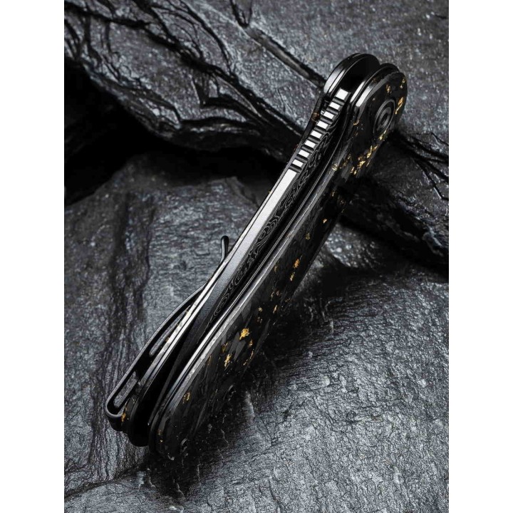 Couteau Civivi Elementum Damas Manche Gold/Fibre de Carbone IKBS Linerlock Clip CIVC907CDS1 - Livraison Gratuite