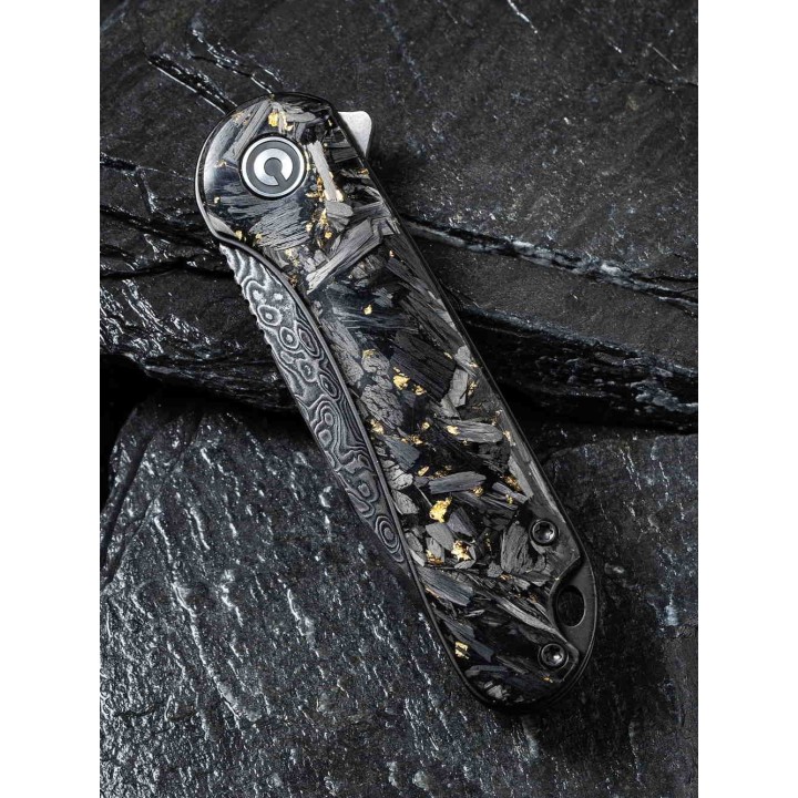 Couteau Civivi Elementum Damas Manche Gold/Fibre de Carbone IKBS Linerlock Clip CIVC907CDS1 - Livraison Gratuite