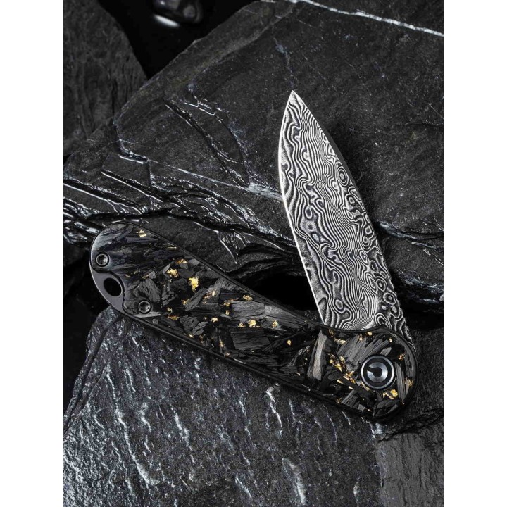 Couteau Civivi Elementum Damas Manche Gold/Fibre de Carbone IKBS Linerlock Clip CIVC907CDS1 - Livraison Gratuite