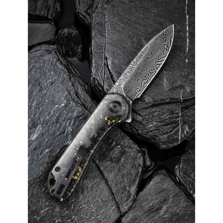 Couteau Civivi Elementum Damas Manche Gold/Fibre de Carbone IKBS Linerlock Clip CIVC907CDS1 - Livraison Gratuite
