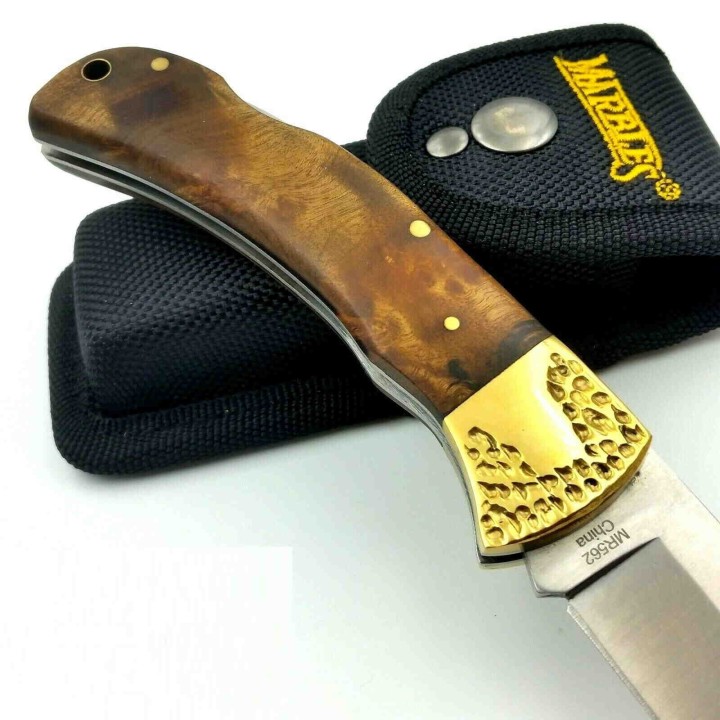 Couteau Marbles Large Manche Bois Lame Acier 440 Lockback Etui Nylon MR562 - Livraison Gratuite