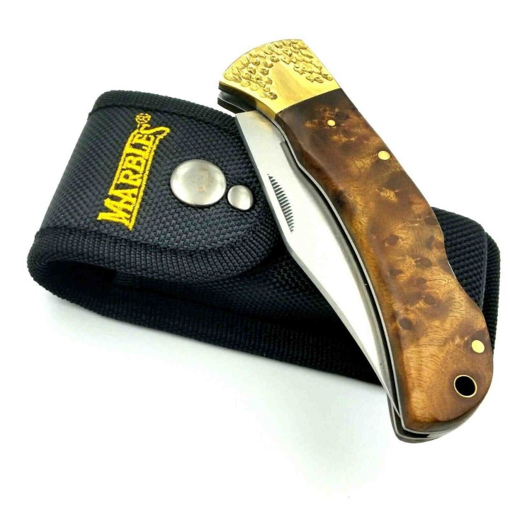 Couteau Marbles Large Manche Bois Lame Acier 440 Lockback Etui Nylon MR562 - Livraison Gratuite