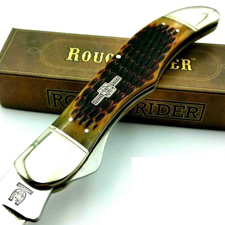 Couteau de Chasse Pliant Manche Os Lame Acier 440 Linerlock Rough Rider RR854 - Livraison Gratuite