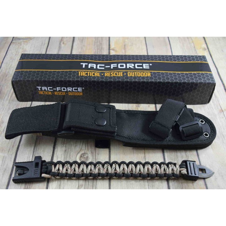 Couteau Tac Force Tactical Manche Tan Lame Acier 3Cr13 Etui Nylon Bracelet Paracorde TFFIX005TN - Livraison Gratuite