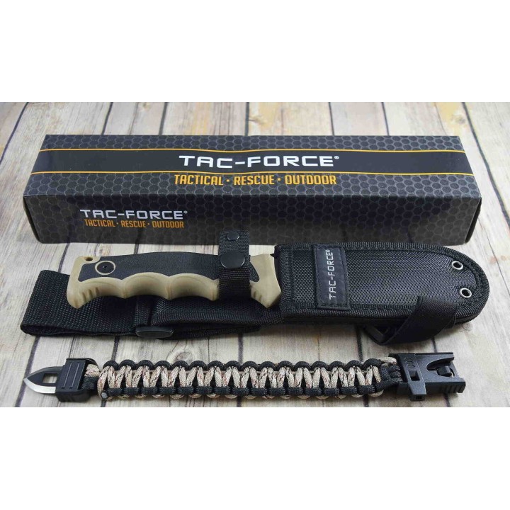 Couteau Tac Force Tactical Manche Tan Lame Acier 3Cr13 Etui Nylon Bracelet Paracorde TFFIX005TN - Livraison Gratuite