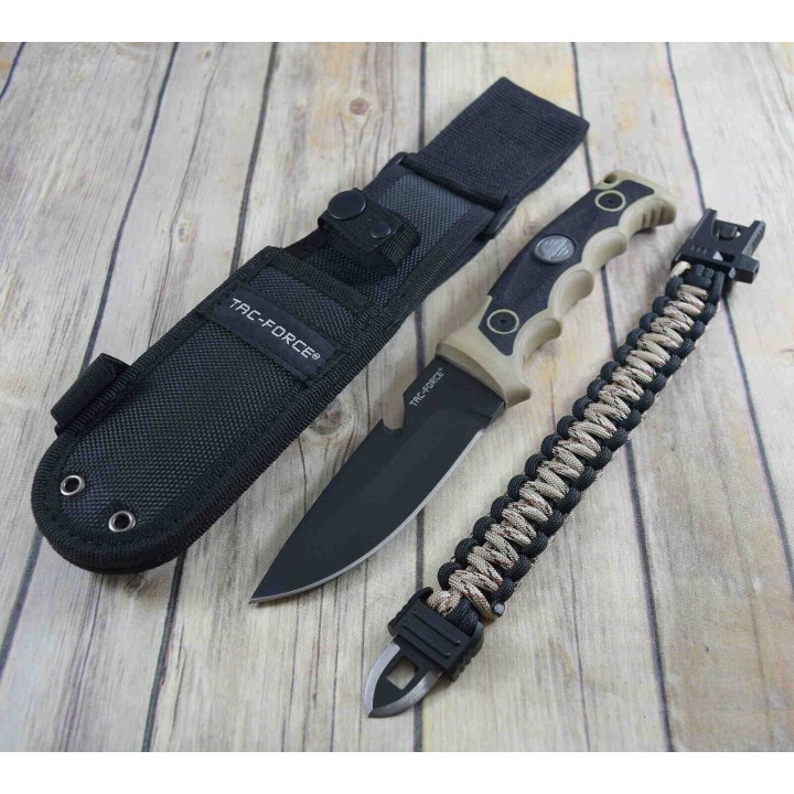 Couteau Tac Force Tactical Manche Tan Lame Acier 3Cr13 Etui Nylon Bracelet Paracorde TFFIX005TN - Livraison Gratuite