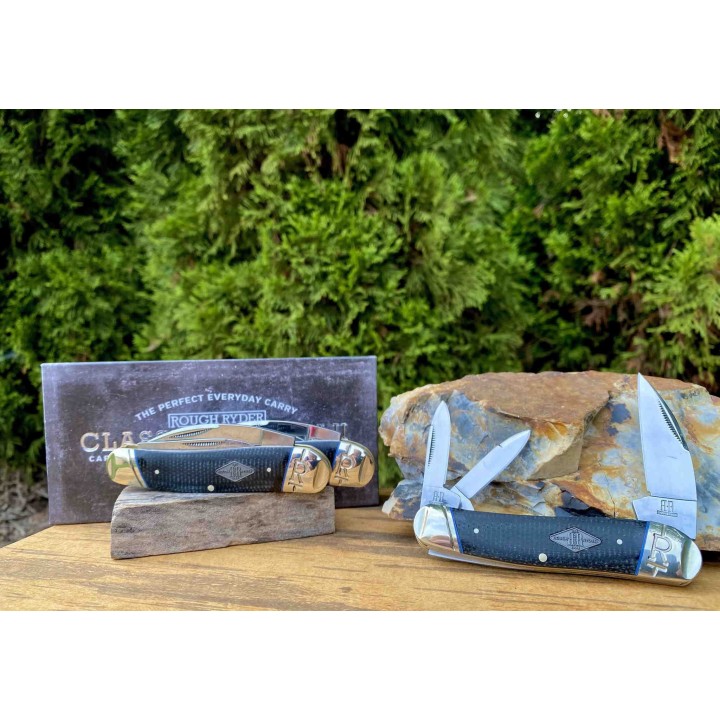 Couteau Rough Ryder Seahorse Whittler Black Micarta 3 Lames Acier Carbone T10 RR2217 - Livraison Gratuite