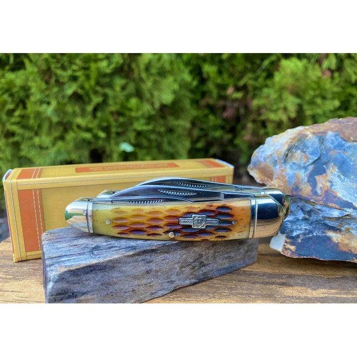 Couteau Rough Rider Whittler Amber Jigged Bone 3 Lames Acier 440 Manche Os RR375 - Livraison Gratuite