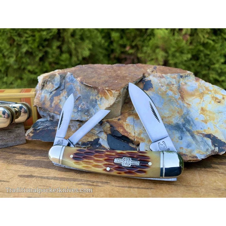 Couteau Rough Rider Whittler Amber Jigged Bone 3 Lames Acier 440 Manche Os RR375 - Livraison Gratuite