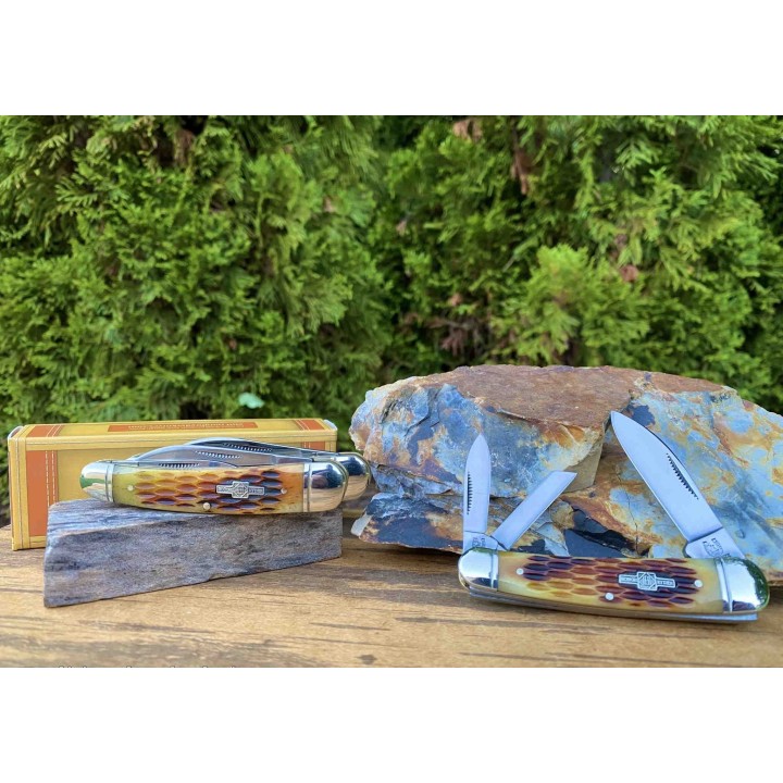 Couteau Rough Rider Whittler Amber Jigged Bone 3 Lames Acier 440 Manche Os RR375 - Livraison Gratuite