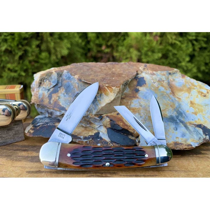 Couteau Rough Rider Whittler Amber Jigged Bone 3 Lames Acier 440 Manche Os RR375 - Livraison Gratuite