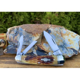 Couteau Rough Rider Whittler Amber Jigged Bone 3 Lames Acier 440 Manche Os RR375 - Livraison Gratuite
