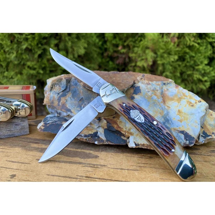 RR2289 Couteau Rough Ryder Copperhead Amber Jigged Bone Lames Acier 440 Manche OS - Livraison Gratuite