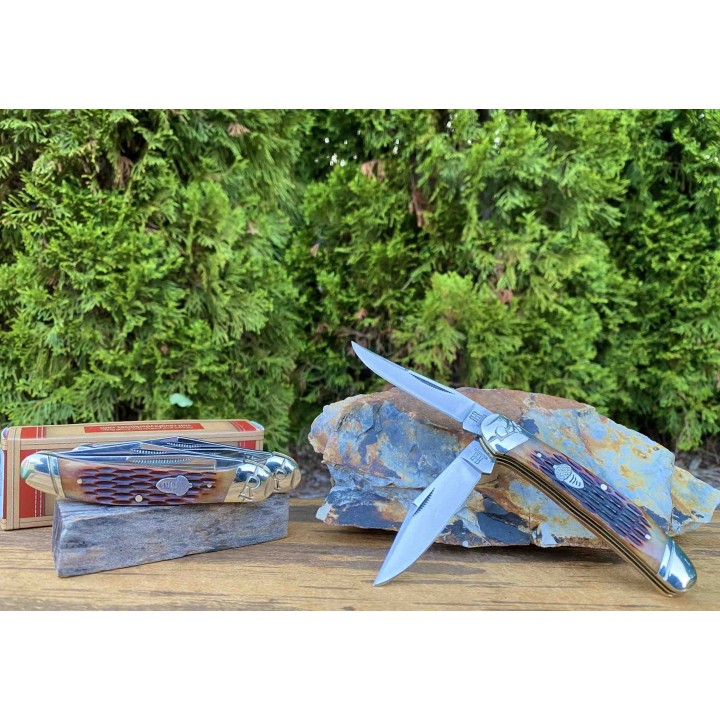 RR2289 Couteau Rough Ryder Copperhead Amber Jigged Bone Lames Acier 440 Manche OS - Livraison Gratuite