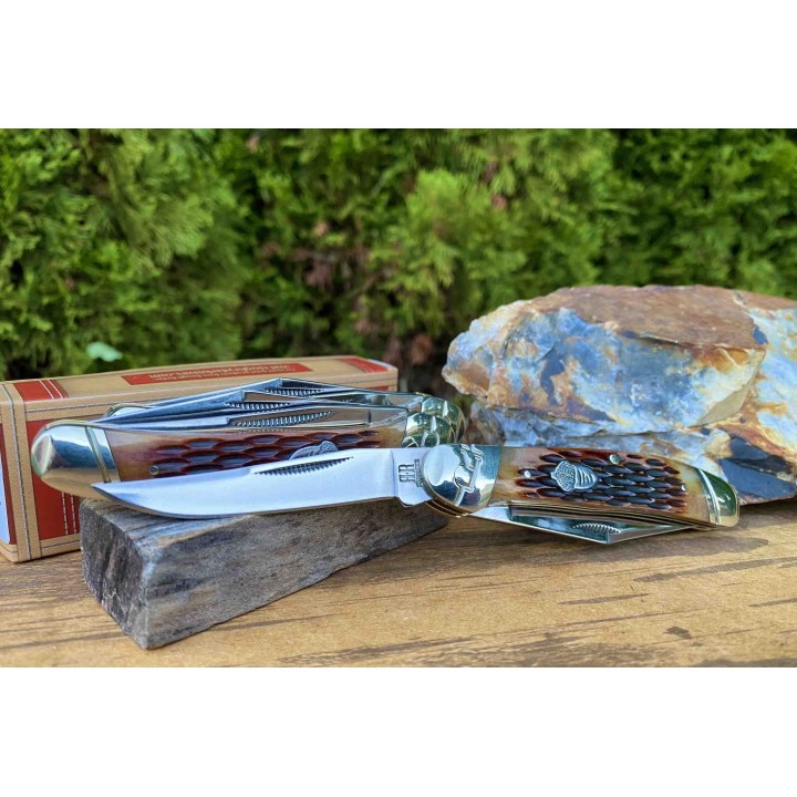 RR2289 Couteau Rough Ryder Copperhead Amber Jigged Bone Lames Acier 440 Manche OS - Livraison Gratuite