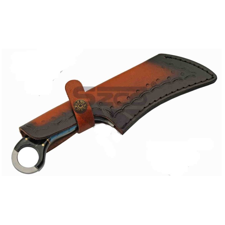 Couteau Karambit Damas Lame 256 Couches Manche Corne & Turquoise Etui Cuir DM1295TR - Livraison Gratuite