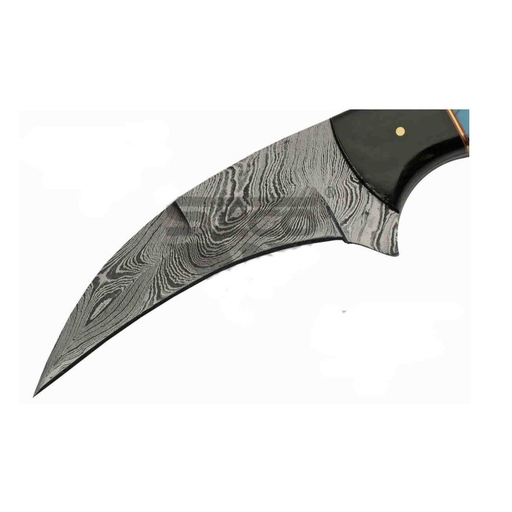 Couteau Karambit Damas Lame 256 Couches Manche Corne & Turquoise Etui Cuir DM1295TR - Livraison Gratuite
