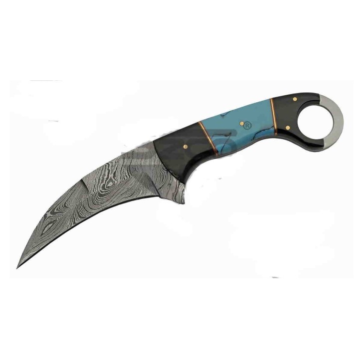 Couteau Karambit Damas Lame 256 Couches Manche Corne & Turquoise Etui Cuir DM1295TR - Livraison Gratuite