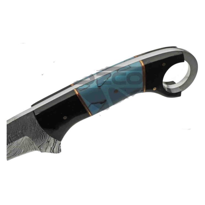 Couteau Karambit Damas Lame 256 Couches Manche Corne & Turquoise Etui Cuir DM1295TR - Livraison Gratuite