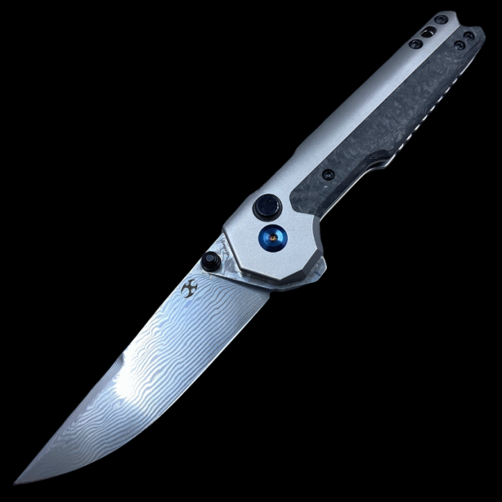 Couteau Kansept EDC Tac Button Lock Lame Acier Damas Manche Fibre Carbone/Titane K2009A3 - Livraison Gratuite
