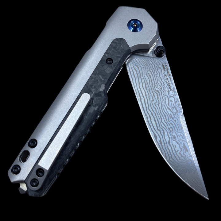 Couteau Kansept EDC Tac Button Lock Lame Acier Damas Manche Fibre Carbone/Titane K2009A3 - Livraison Gratuite