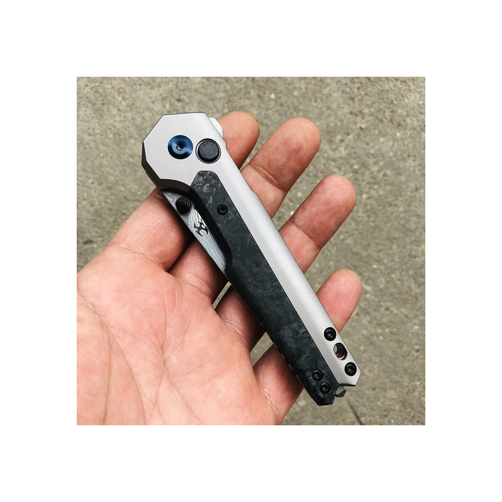 Couteau Kansept EDC Tac Button Lock Lame Acier Damas Manche Fibre Carbone/Titane K2009A3 - Livraison Gratuite