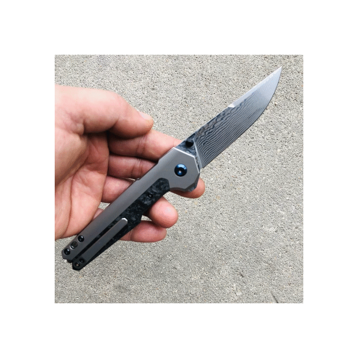 Couteau Kansept EDC Tac Button Lock Lame Acier Damas Manche Fibre Carbone/Titane K2009A3 - Livraison Gratuite
